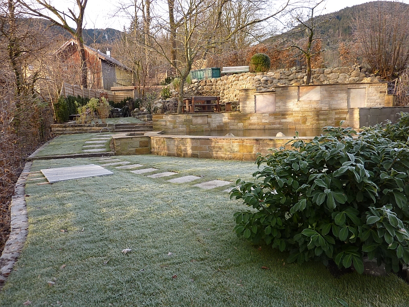 Blick über den Garten zum Biotopim Dezember 2009.